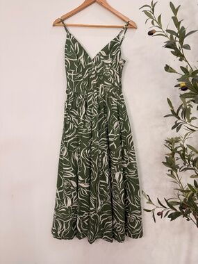 Japna Green & White Tropical Floral Cotton Midi Dress Women's Medium